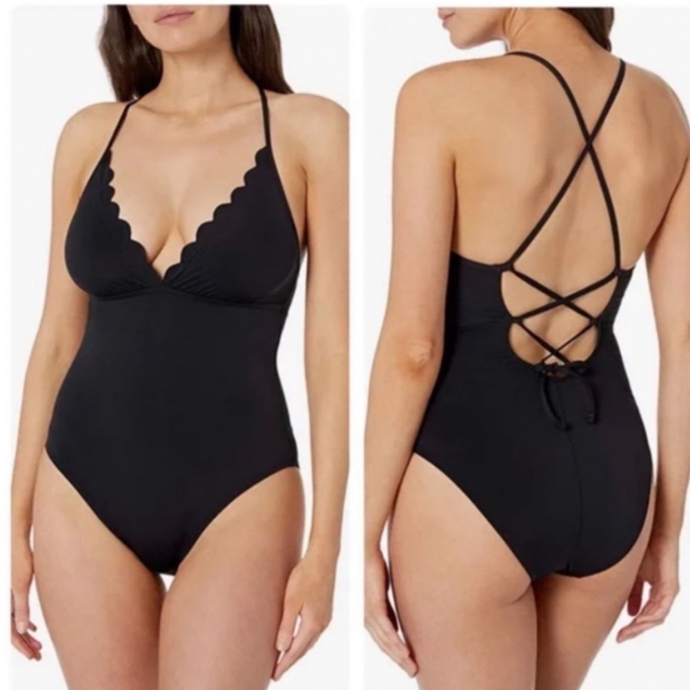 La Blanca Scalloped Plunge Front Tie Corset Back One Piece Swimsuit Size 14